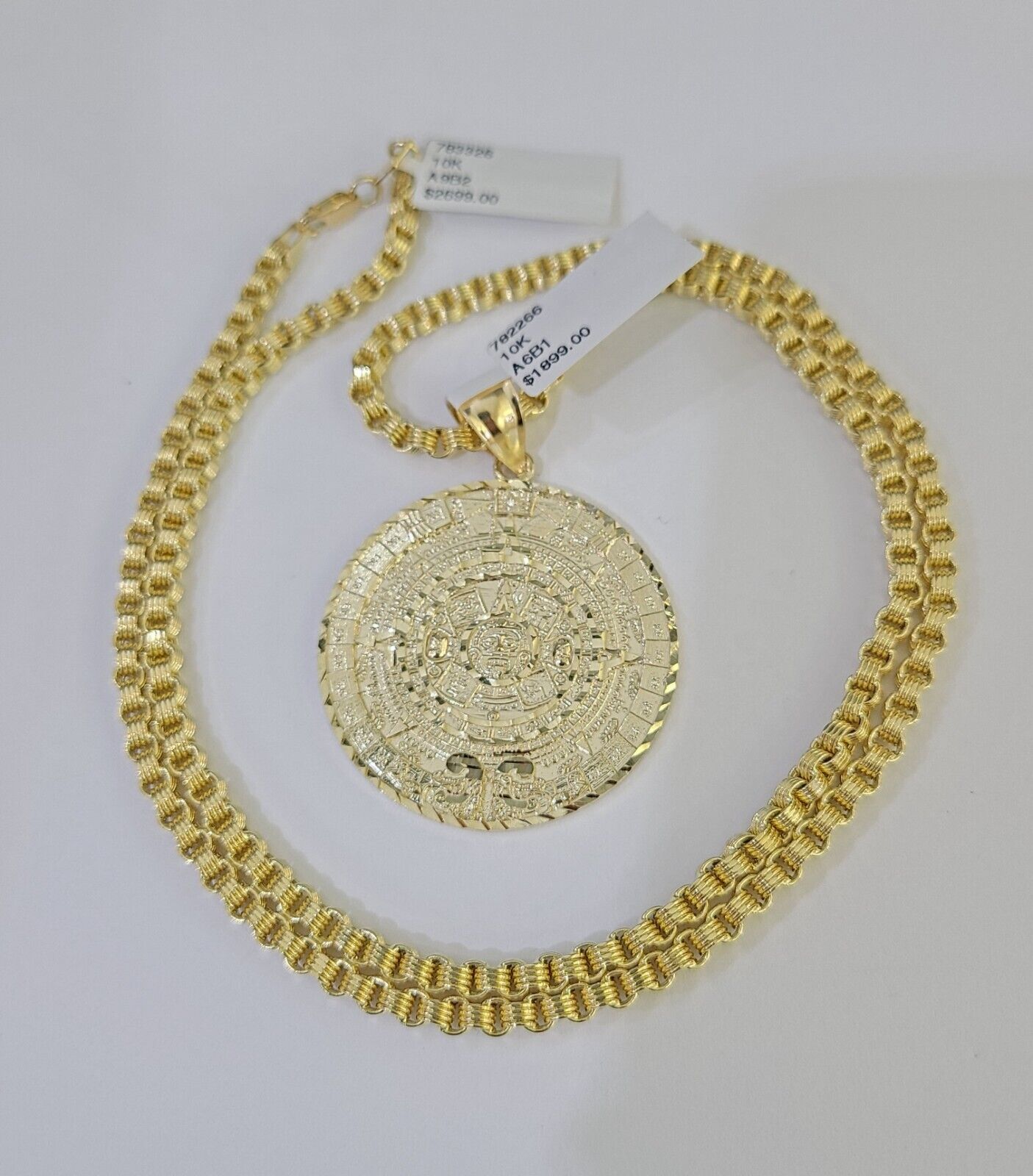 10k Gold Byzantine Necklace Mayan Calendar Charm 18 - 26 inches 3mm SET Chain - GoldenlinQ